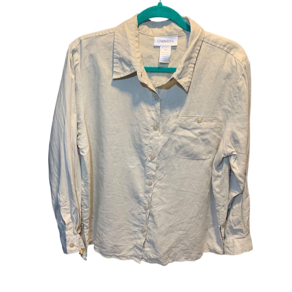 Chadwicks Womens Tan Long Sleeve Linen Button Up Shirt 14P Office Coastal Boho